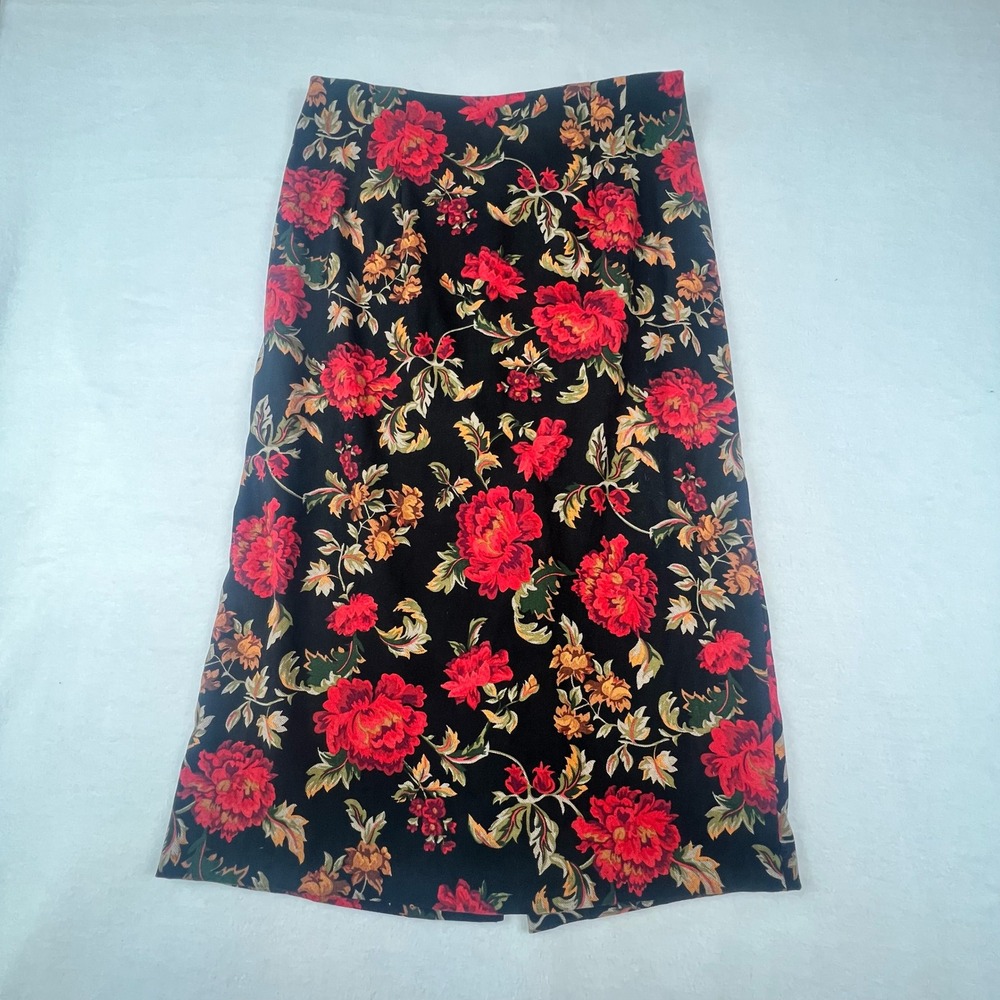 Briggs New York Petite Floral Maxi Skirt Womens 14P Black Red Vintage Style Slit